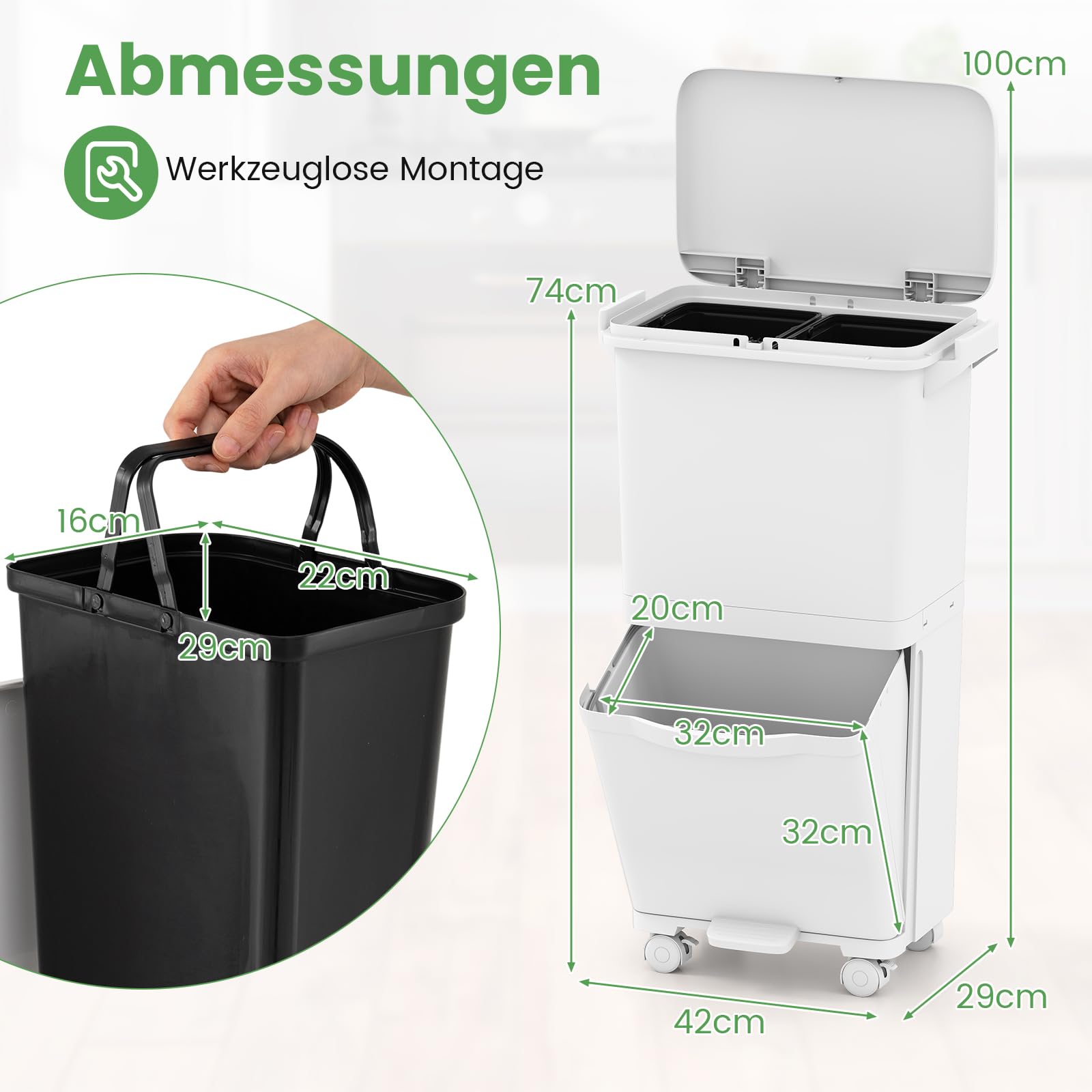 GOPLUS Mülleimer 3 Fächer, 36 L Abfalleimer Küche mit Rollen, Tretmülleimer mit 2 herausnehmbaren Behältern, seitliche Griffe & Aufkleber, Mülltrennsystem mit Deckel für Badezimmer, Küche, Büro, Weiß