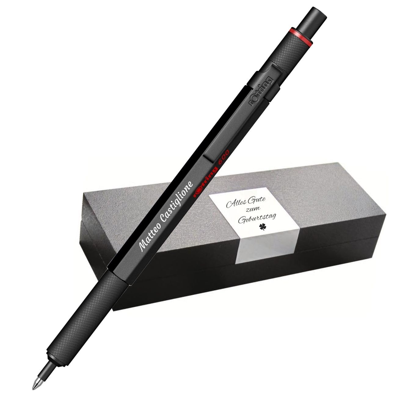 rOtring 600 penne a sfera – corpo in metallo – con incisione personalizzata – ottima penna a sfera con custodia – Personalizzabile – Idea regalo per uomini e donne (nero)