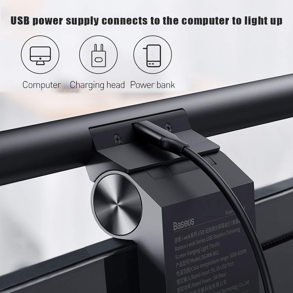 E-Lectura Lámpara LED De Tareas, Alimentación USB Monitor Light Bar, Parpadeo De Ojos-Care Luz Brillo Y 3 Ajuste De Temperatura De Color, para Los Niños, Staffs Oficina Y Estudiantes,Negro