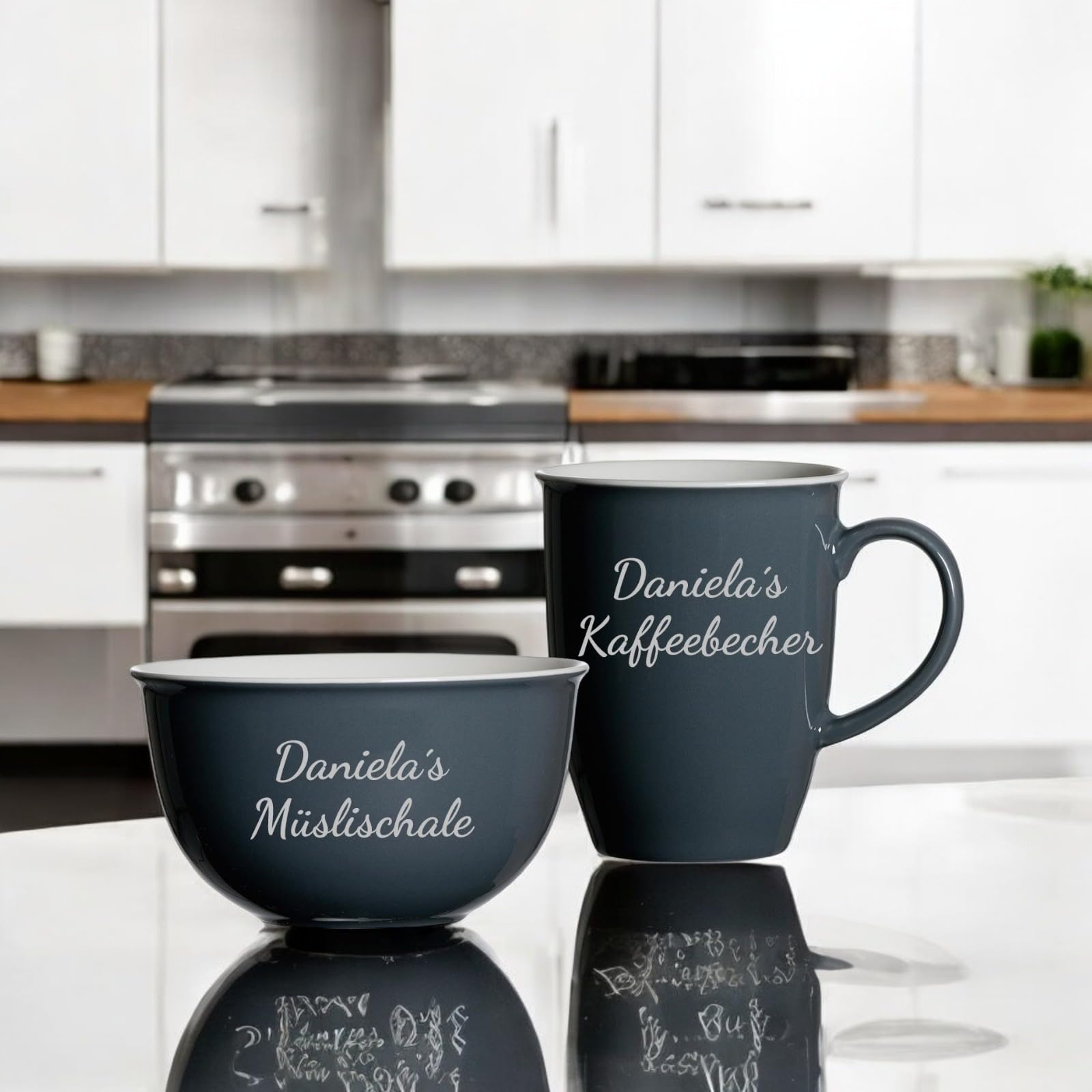 Frühstücks-Set Doppio mit personalisierter Gravur, Kaffeebecher (320 ml) und Müslischale (14 cm) mit 2-zeiligem Gravurbereich, Lasergravur in Silber, Porzellan, Anthrazit