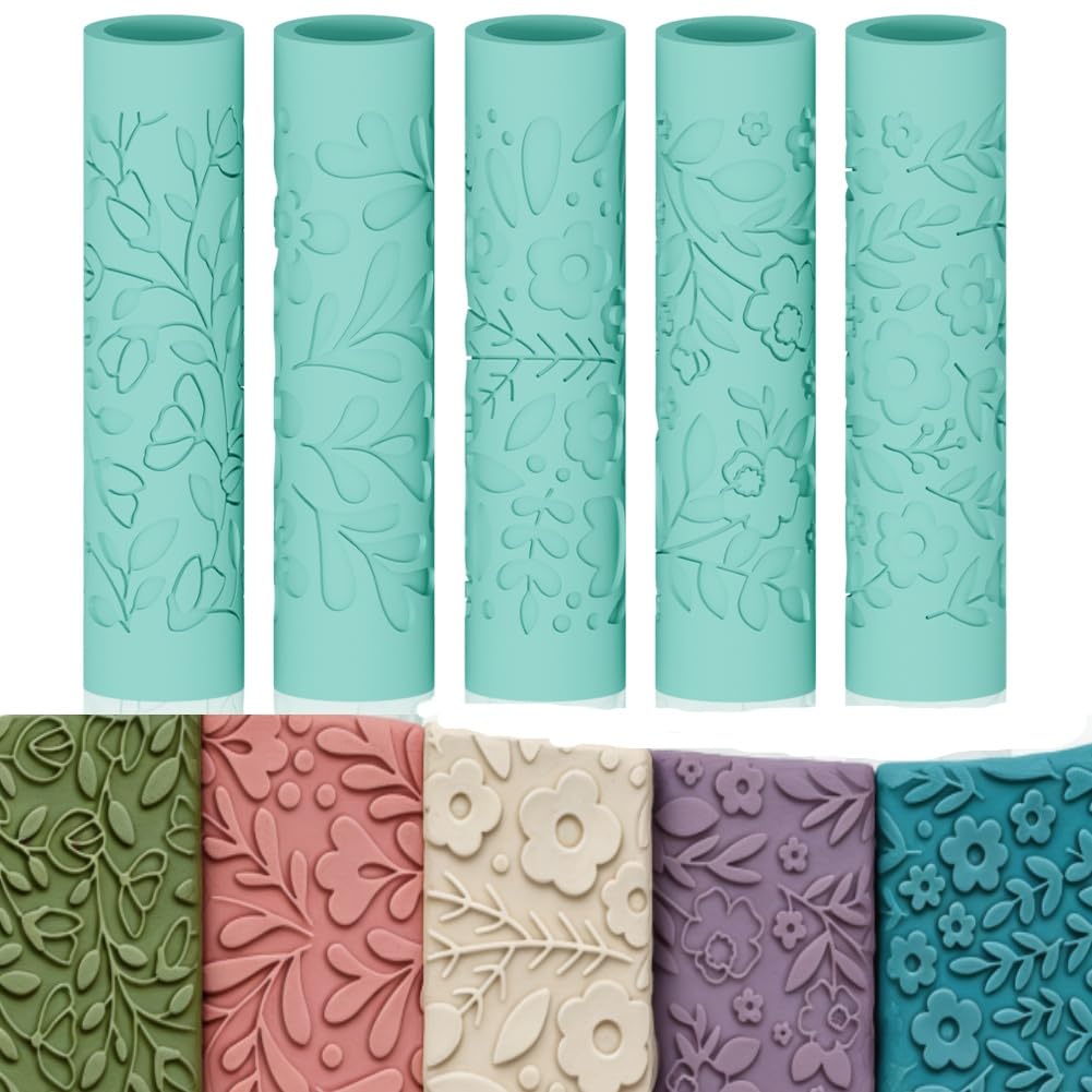ORIGACH 5 PCS Floral & Plant Polymer Clay Texture Roller for Earring Making