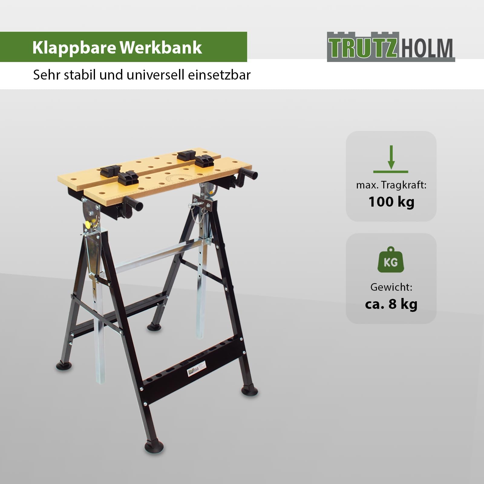 TRUTZHOLM Werkbank klappbar 7-Fach höhenverstellbar Werktisch Spanntisch mit Backen Arbeitstisch bis 100kg große Arbeitsfläche, zum Schleifen, Einspannen von Werkstücken, Sägen, Höhe bis 114 cm