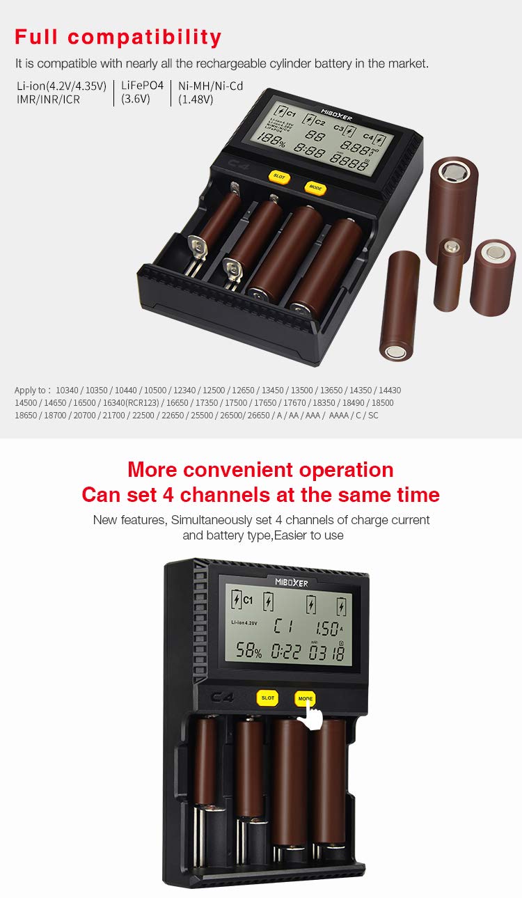 LGIDTECH C4 18650 Chargeur de Batterie Intelligent 4 emplacements avec écran LCD pour Batteries Rechargeables Li-ION (4,2 V/4,35 V)/IMR/INR/ICR/LiFePO4 (3,6 V)/Ni-MH/Ni-CD (1,48 V)