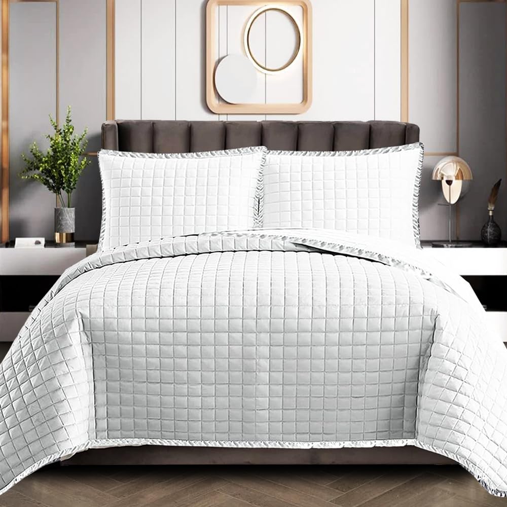 FK Style 3 Piece Quilted Bedspread Light Weight Embossed Pattern Bed Throw Quilt Set Warm (White, Super King)