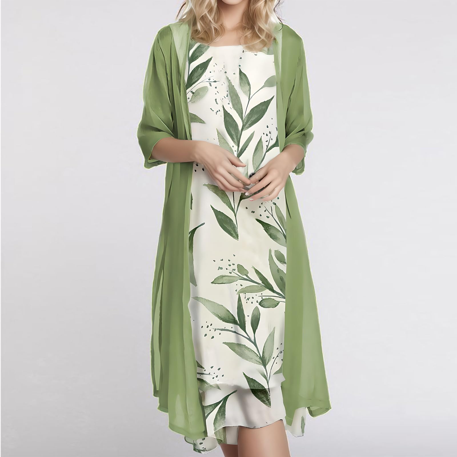 Chiffonkleid Set Damen: Festlich Abendkleid+Chiffon Strickjacke, Elegant Lang Sommer Brautkleider Zweiteiliges Schicke Knielang Sommerkleider Anzug Große Größen Cocktailkleid Strandkleid