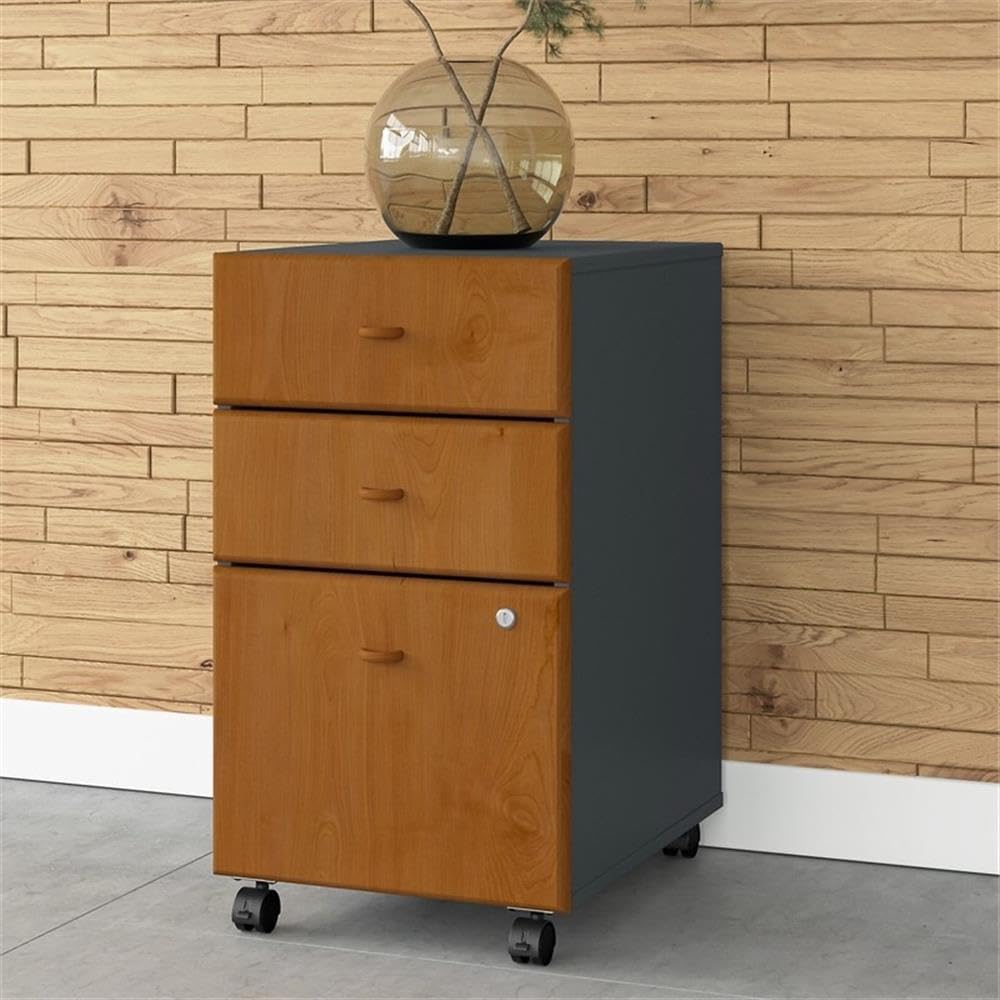 Pemberly Row 3-Drawer Mobile File Cabinet, Natural Cherry Finish, Engineered Wood, 27.99" H x 15.70" W x 20.20" D, Locking Storage for Office Supplies and Documents, Dual-Wheeled Casters, Office Use
