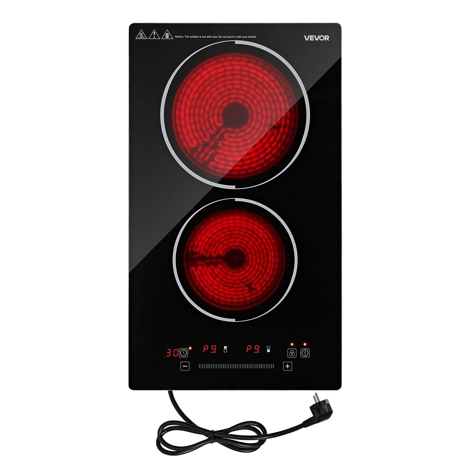 VEVOR Electric Cooktop 12inch 2 Burners Portable Stove Top, Ceramic Radiant Stove Countertop &amp; Built-in, 9 Power Levels, Timer, Child Lock, Touch&amp;Integrated Control, Single Ring, Standard, 110V 1800W