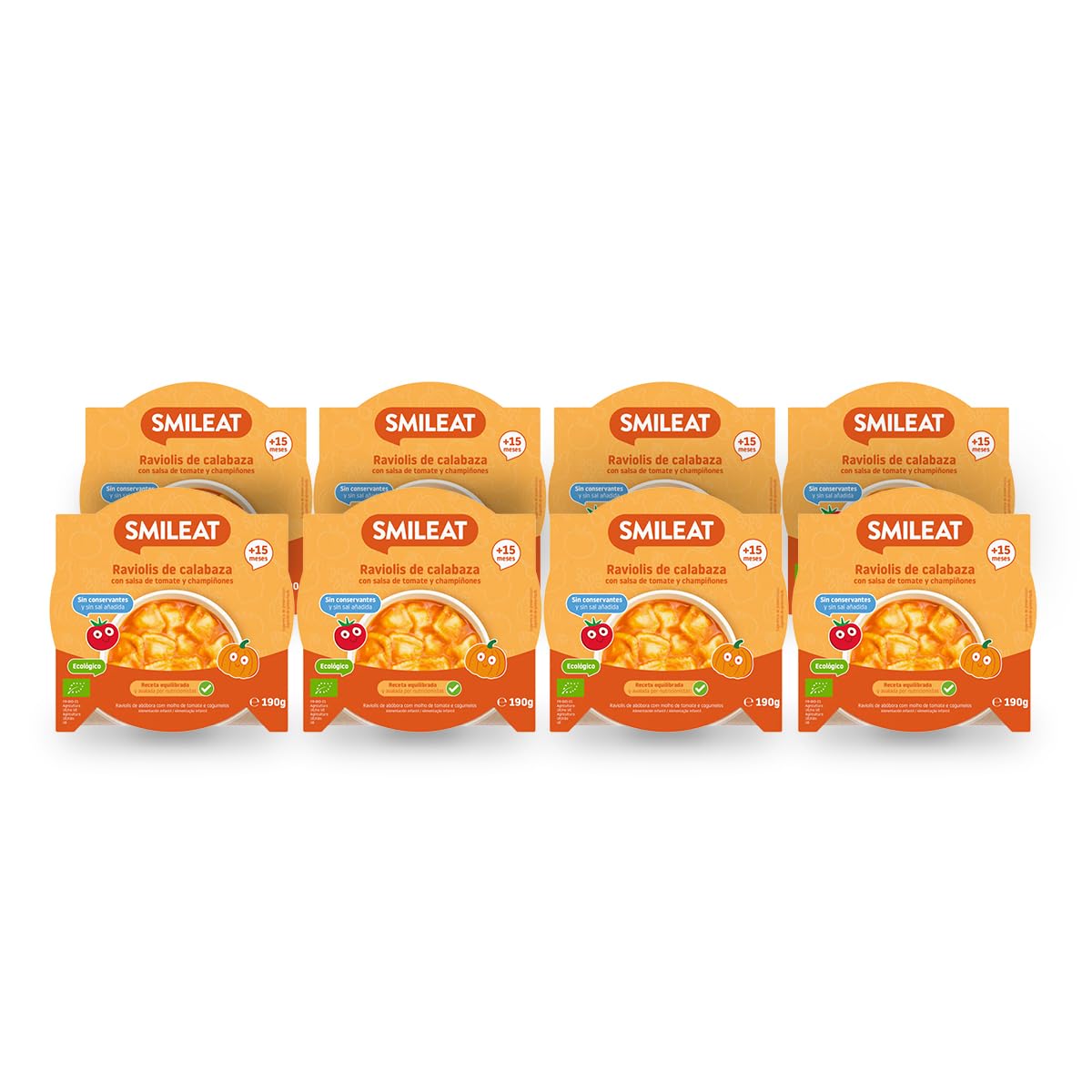 Smileat - Pack de 8 Platitos de Raviolis de Calabaza con Salsa de Tomate y Champiñones – Ecológico, Sin Conservantes – Ideal para Peques +15 meses – 190g x 8