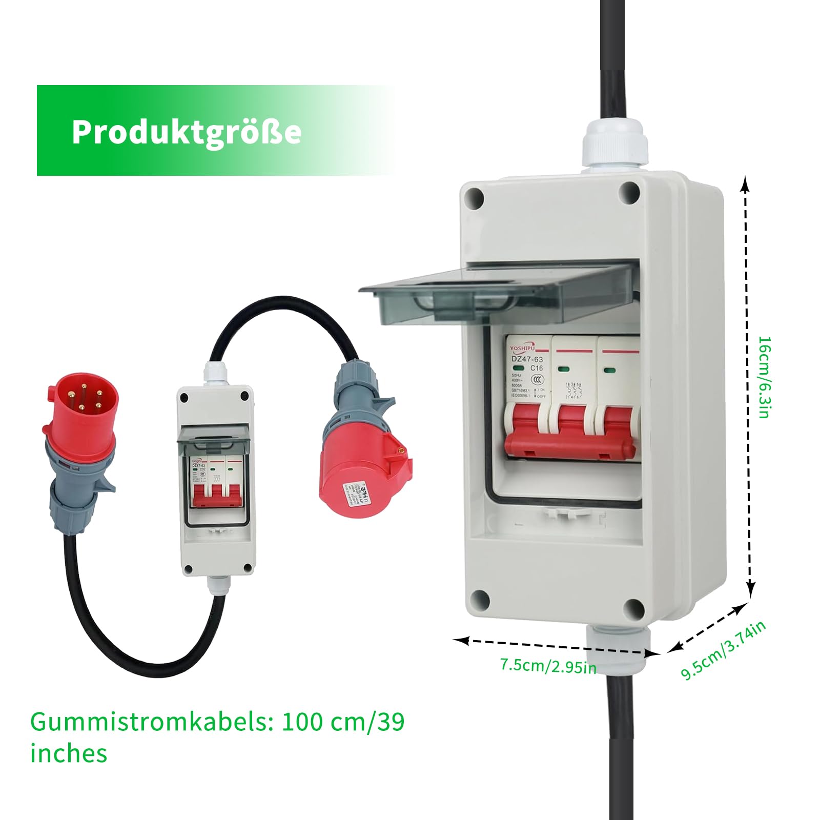 Adapter 32 A stekker naar 16 A koppeling, 1 meter verlengkabel, aansluitkabel met stekker, sterke stroomverdeler, gebruikt voor het aansluiten van elektrische apparaten enz