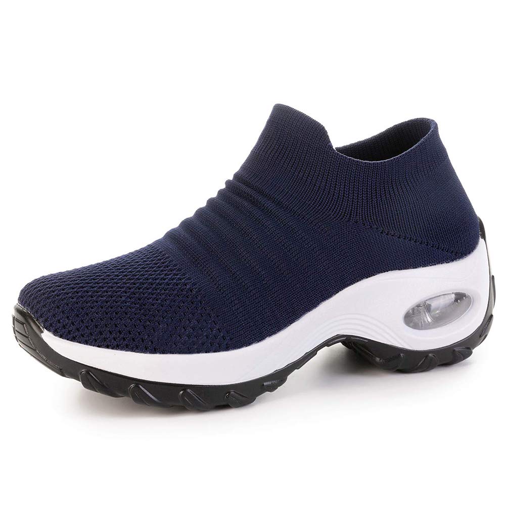 Ablanczoom Womens Walking Shoes Wedges Platform Sneakers Comfortable Breathe Mesh Slip On Air Cushion Running Tennis Shoes for Women Dark Blue