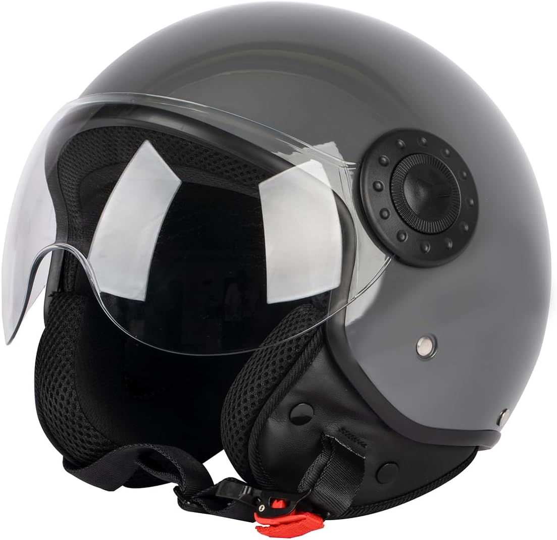 3/4 Open Face Motorcycle Helmet, Retro Single Visor Half Face Motorbike Helmet, Vintage Men Women Adult Scotter Chopper Moped Cruiser Casco, DOT Approved Gray Medium