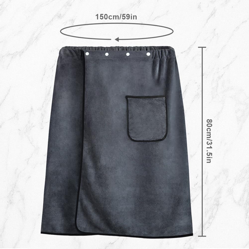 AOMIG Men's Towel Wrap with Pockets 80x150cm Large Grey Plush Soft Quick Dry Body Bath Towels Adjustable Towel Bathrobe