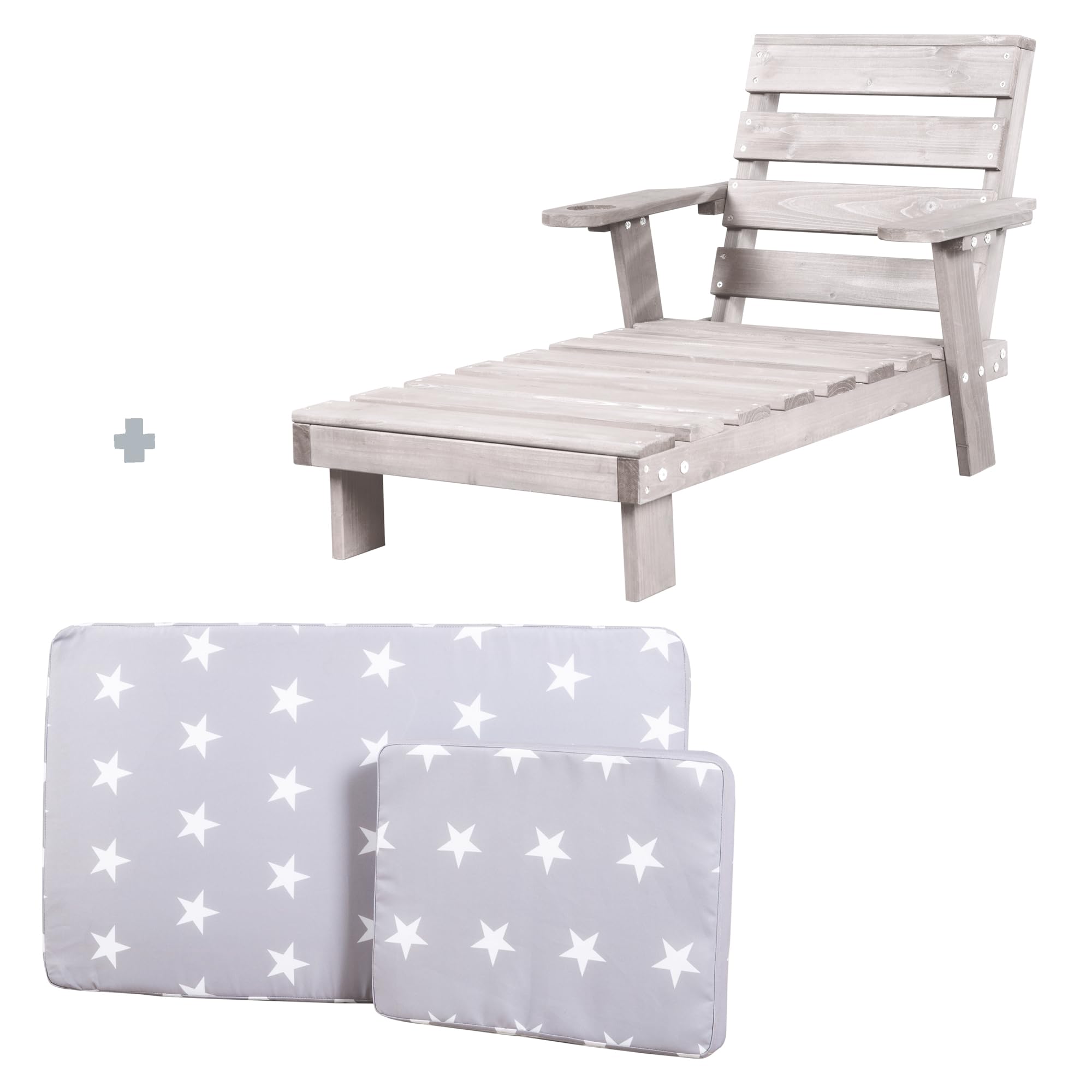 roba Sdraio per Bambini con Cuscini Little Stars - per Esterno, Giardino, Terrazza, all'Aria Aperta - Resistente alle Intemperie - con Portabicchieri - Certificato FSC - Legno Laccato Grigio