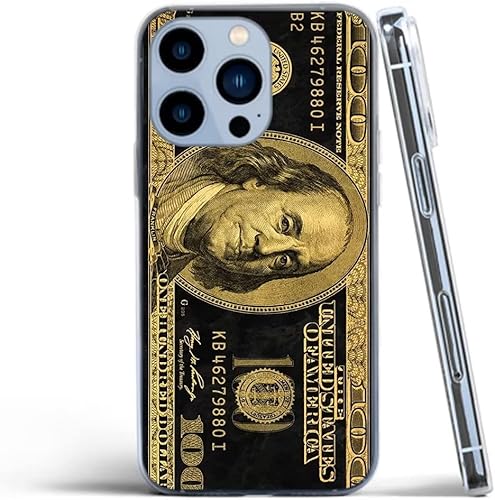 Funda para teléfono compatible con iPhone 14 Pro Max 100 dólares Bill negro dorado TPU silicona suave funda protectora