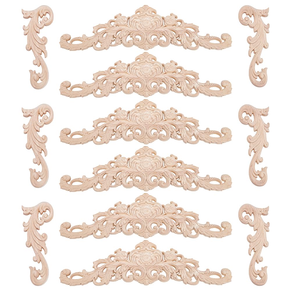 16Pcs 2 tailles Appliques Décoratives et Incrustées en Bois | Autocollants Décoratifs D'Angle en Bois Sculpté Non Peints pour Portes D'Armoires Lits Armoires Murs Projets de Bricolage