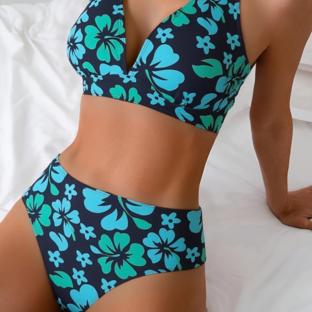 Bikini Mujer Mujeres Floral Impresión Set Dos Piezas Halter Traje De Baño Playa-Blue-s