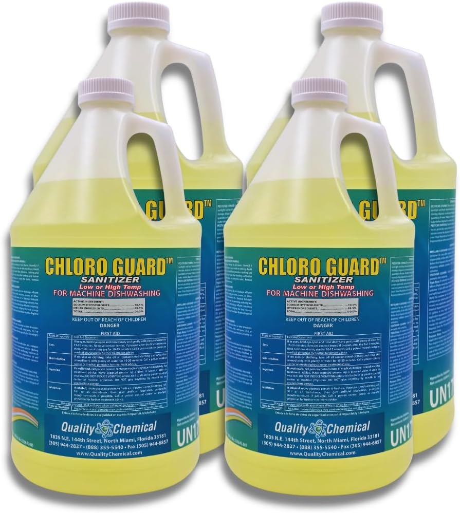 Quality Chemical Chloro-Guard Chlorine Low Temp Dish Sanitizer for Machine Dishwashing, Bulk Sanitizer - Gallon Refill for Cleaning and Sanitizing 128 oz (pack of 4)