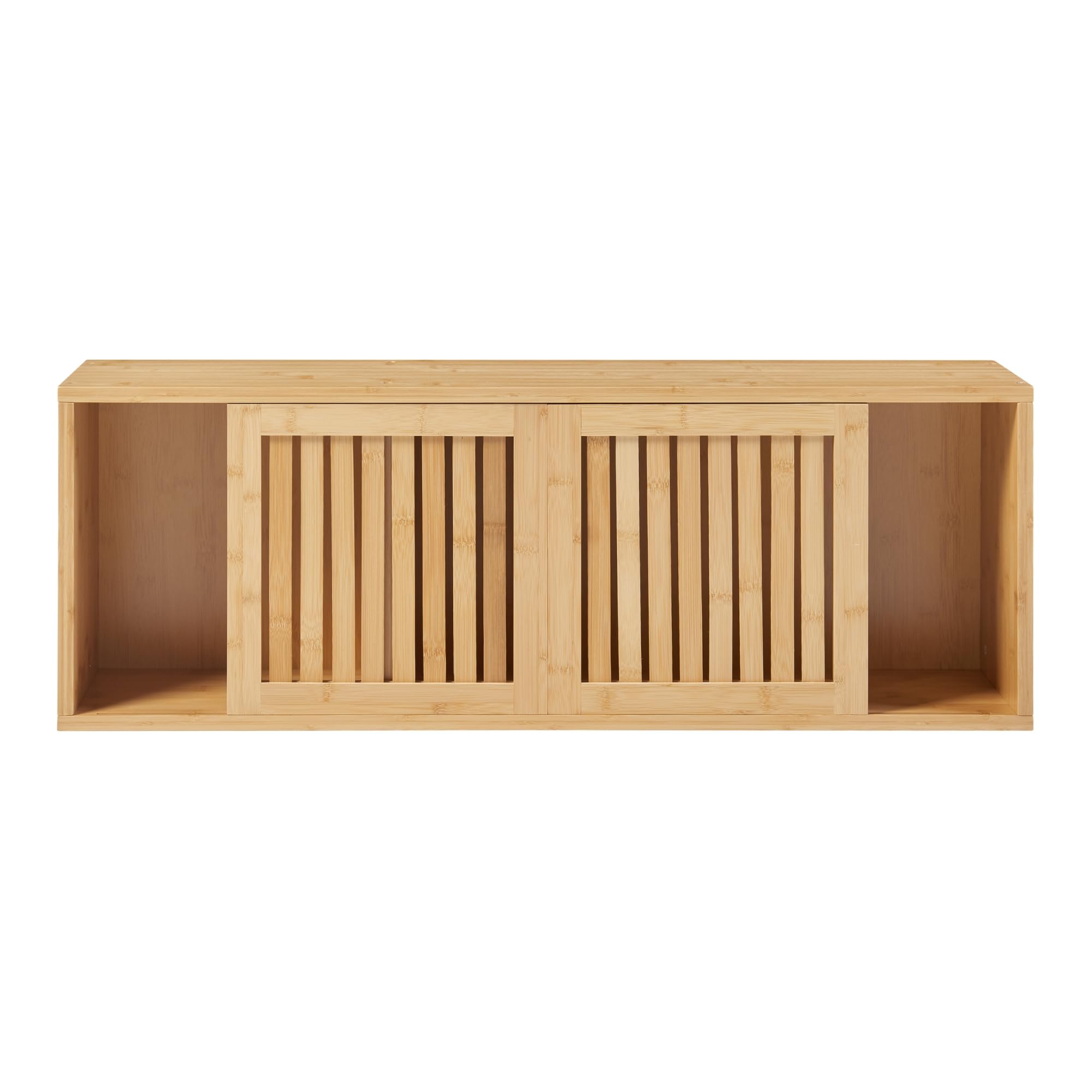 [en.casa] Estantería de Pared con 1 Compartimento Abierto y 2 Cerrados Mueble Mural con 2 Puertas Corredoras para Baño Cocina Ventilación Óptima Bambú 93 x 20 x 33 cm - Natural