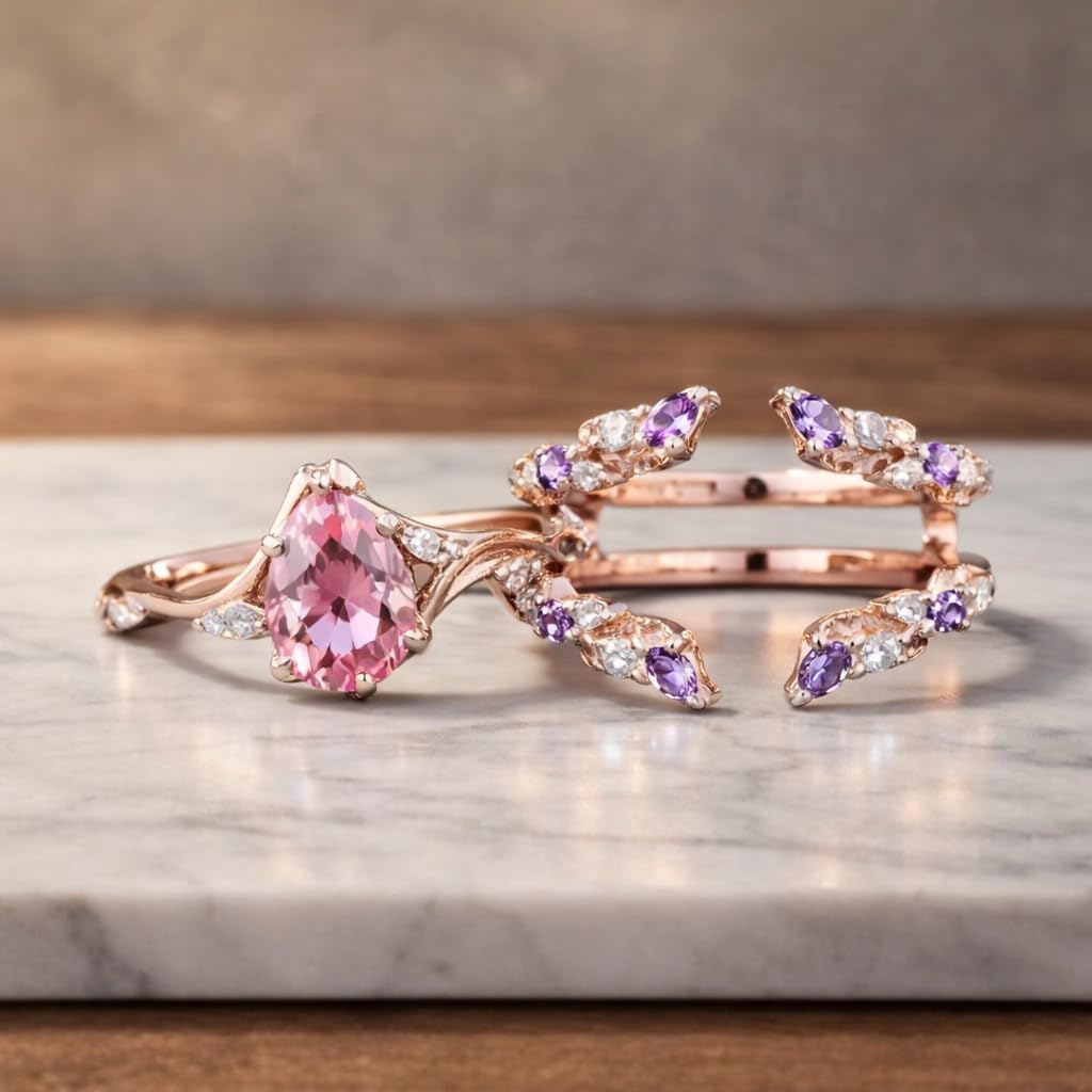 Pear Cut Morganite Engagement Ring Enhancer Set for Women 18K Rose Gold Leaf Vine Wedding Ring with Amethyst & Diamond Accents Vintage Floral Bridal Promise Jewelry Gift
