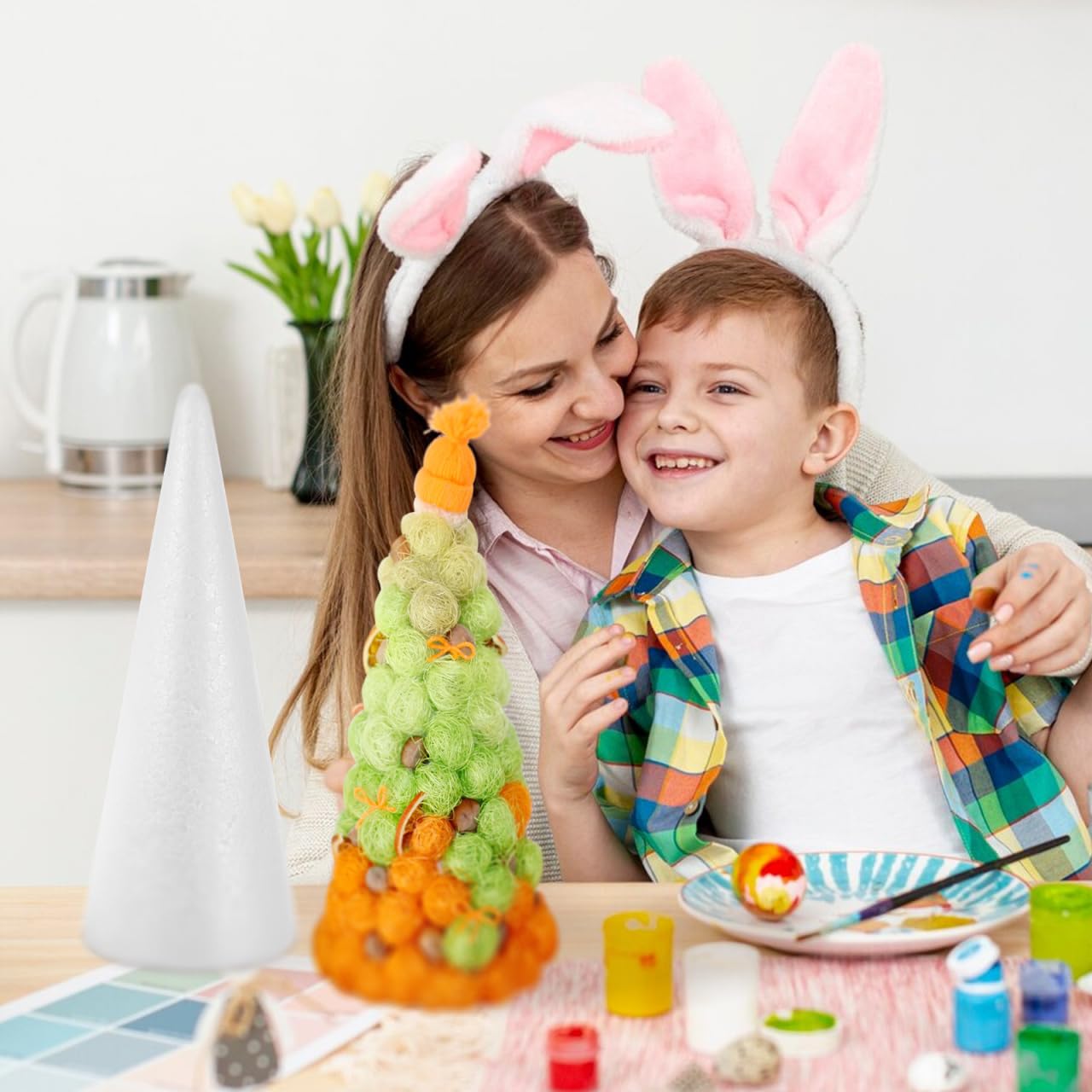 Angoily 2 conos de espuma blanca hechos a mano para proyectos de manualidades, base de adorno de poliestireno sólido para decoraciones de Navidad, preescolar y jardín de infantes, accesorios de