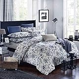 Duvet Cover Set Queen Size - 3 Pieces Floral Leaf Vintage Flower Microfiber Soft Lightweight Down Duvet Comforter Quilt Bedding Covers with Zip Ties - 90 x 90 inch for Women Men, Beige Navy Blue