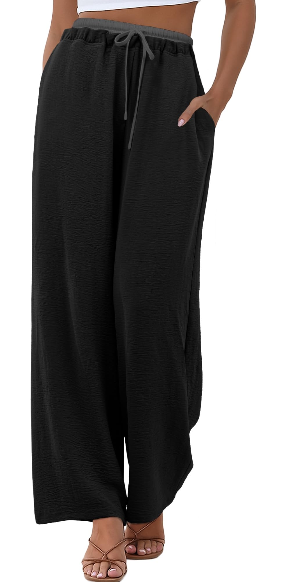 Womens Wide Leg Pants Flowy Hight Waist Adjustable Drawstring Palazzo Trousers Casual Patchwork Pants with Pockets