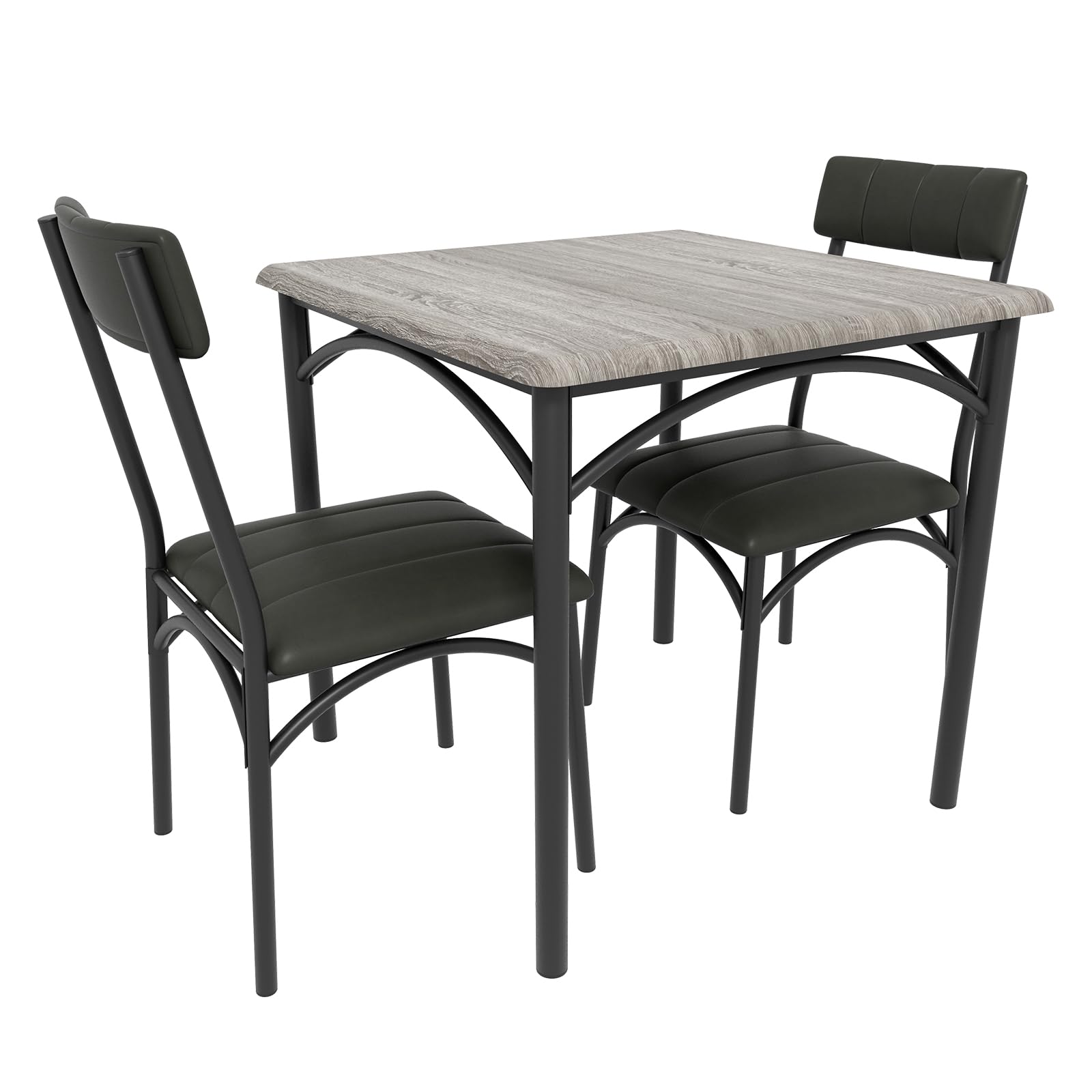 Esszimmertisch-Set 1 Tisch 2 Stühle, Küchentisch mit gepolsterten Stühlen, kompaktes Esstisch-Set aus Holz und Eisengestell, platzsparend, pflegeleicht, einfache Montage, Zementgrau