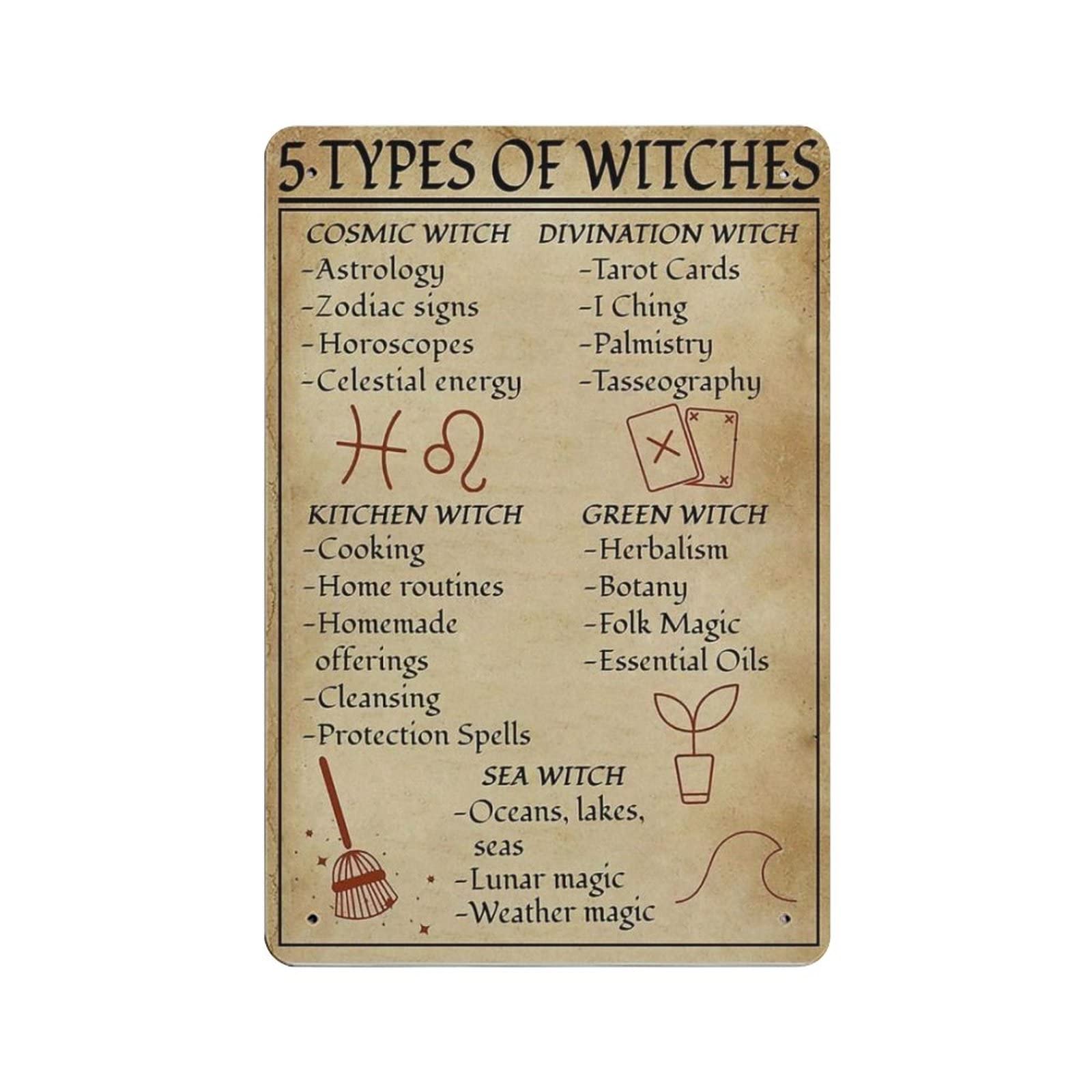AOOEDM Types of Witches Vintage Tin Sign Metal Tin Signs for Man Cave Funny Art Wall Plaque Kitchen Bar Pub Coffee Shop Wall Decor