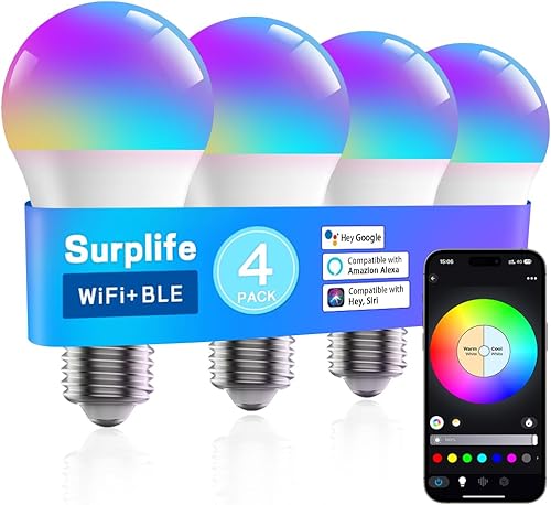 Paquete de 4 bombillas inteligentes, 2.4G HZ sincronización de música, bombilla que cambia de color, compatible con Alexa y Google Assistant,