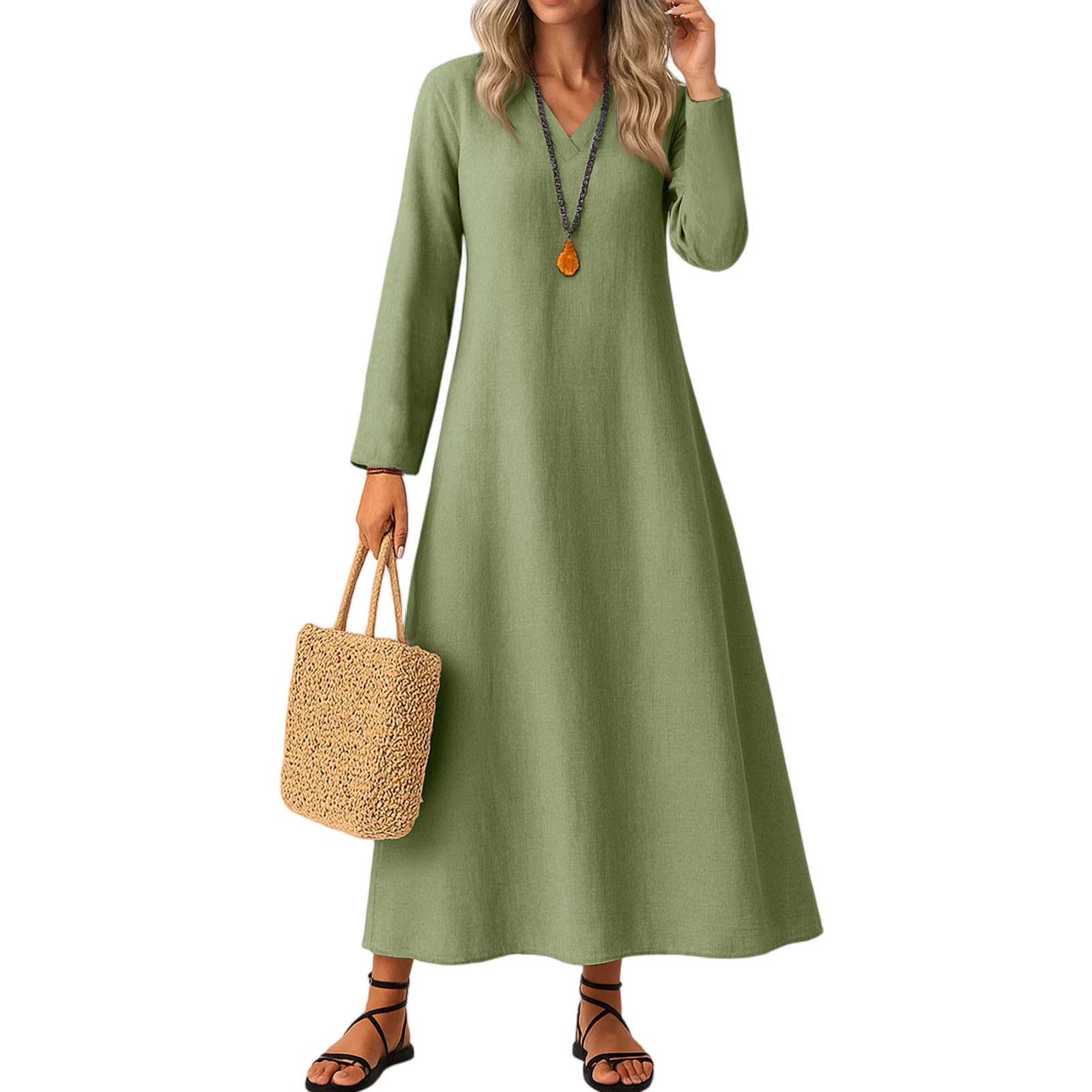 Robe Longue Femme En Coton/lin - Style Boho, Col V à Volants - Manches Longues - Couleur Automne - Pour Vacances, Casual - 7