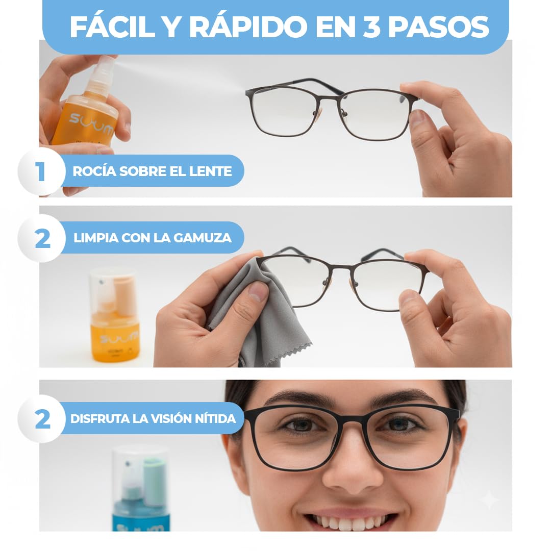 SUUM Confezione da 3 spray per la pulizia degli occhiali con panno in microfibra – Spray per la pulizia e l'appannamento di occhiali e schermi – Detergente per occhiali (fragola, lavanda e arancione)