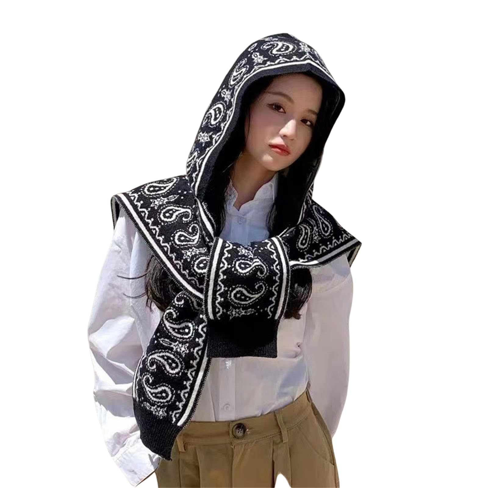 Poncho Damen Kapuze -schal -Frauen Herbst Und Winterreisen Ethnische Stil Warm Eingedickter Umhang Schal-schwarz Und Weiß