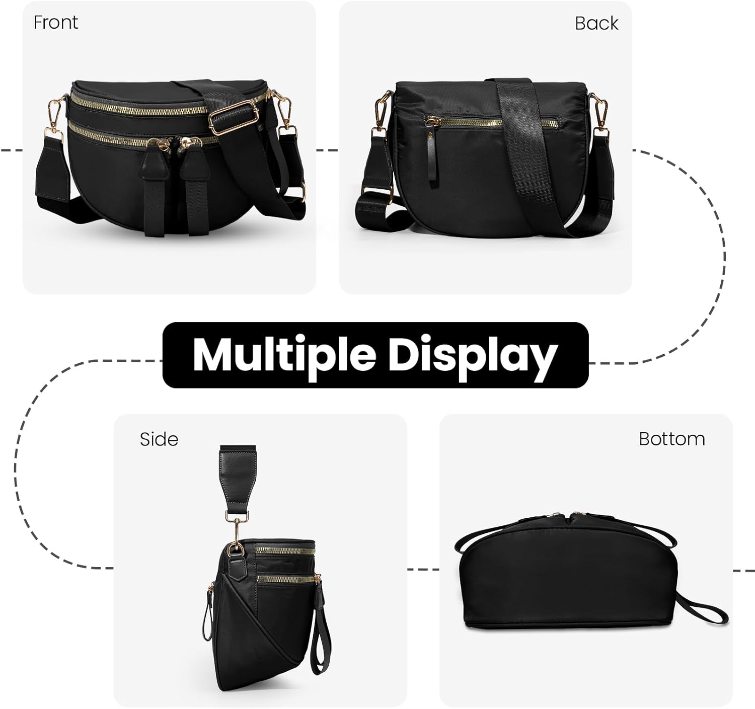 Pure Colour Bum Bags for Women Crossbody,Multi-Pocket Nylon Fanny Pack Spacious Slouchy Waist Bag Belt Bag (BLACK) - Image 6