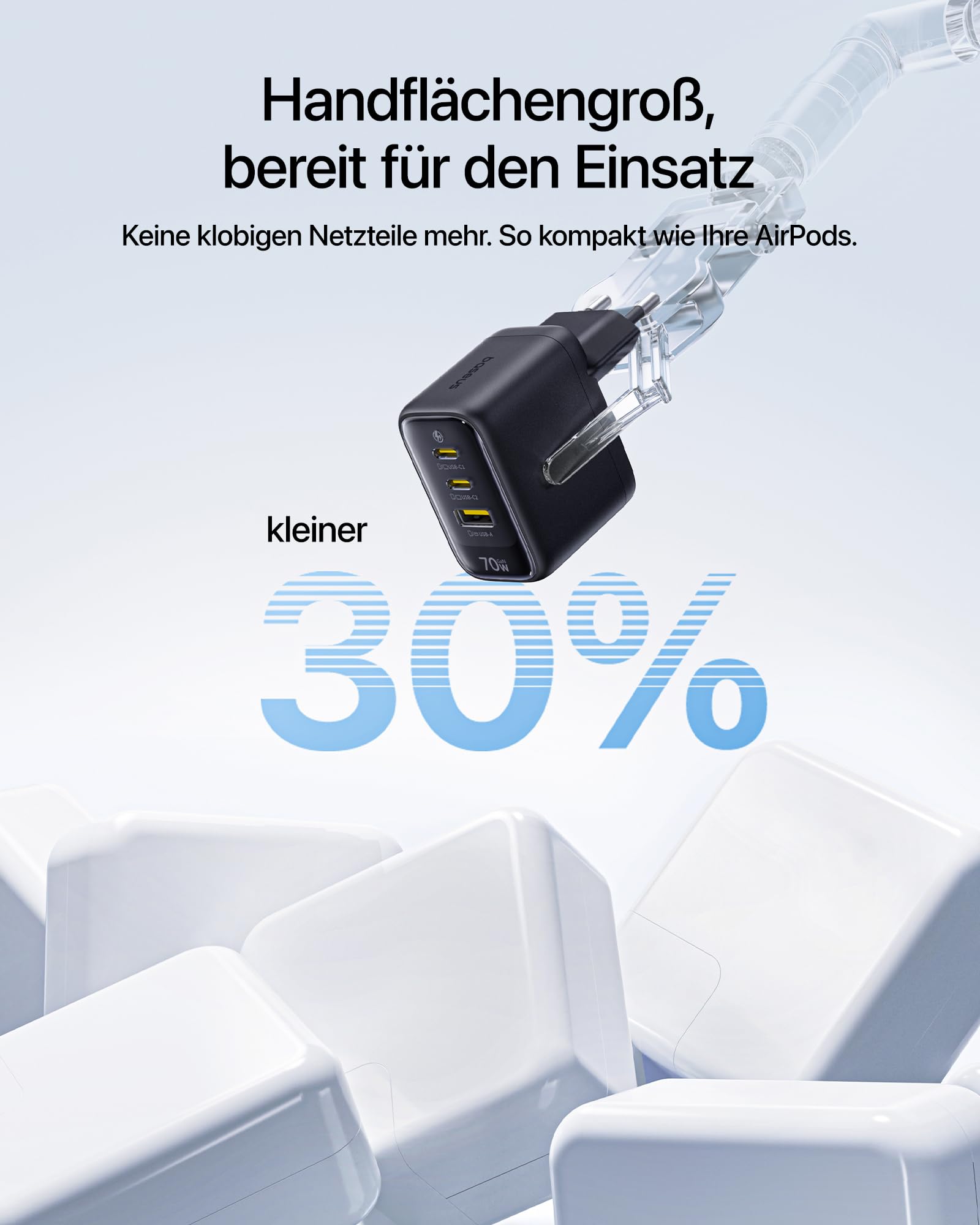 Baseus Enerfill 70W USB C Ladegerät, 2Pack 3-Port GaN6 Schnellladegerät, kompaktes Netzteil für MacBook Air, iPhone 17/16/15 Pro Max, iPad Pro, Galaxy S25/S24, Pixel, Laptop und mehr