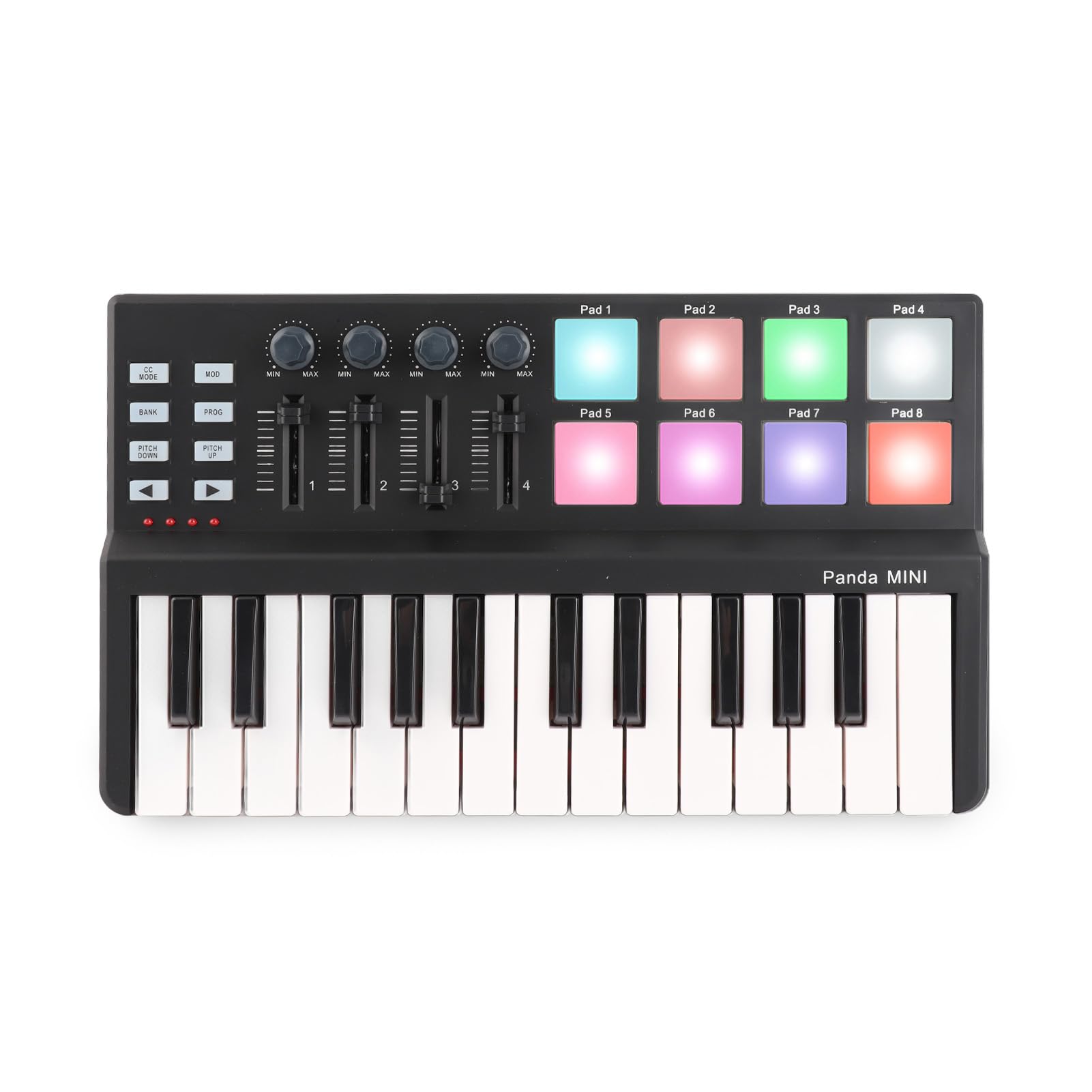 25-Tasten-USB-MIDI-Keyboard-Controller, 8 Hintergrundbeleuchtete Trigger-Pads, 4 Steuerknöpfe und 4 Schieberegler mit Anschlagdynamischen Tasten, Ideal für OS X und CAKEWALK-Musiksoftware