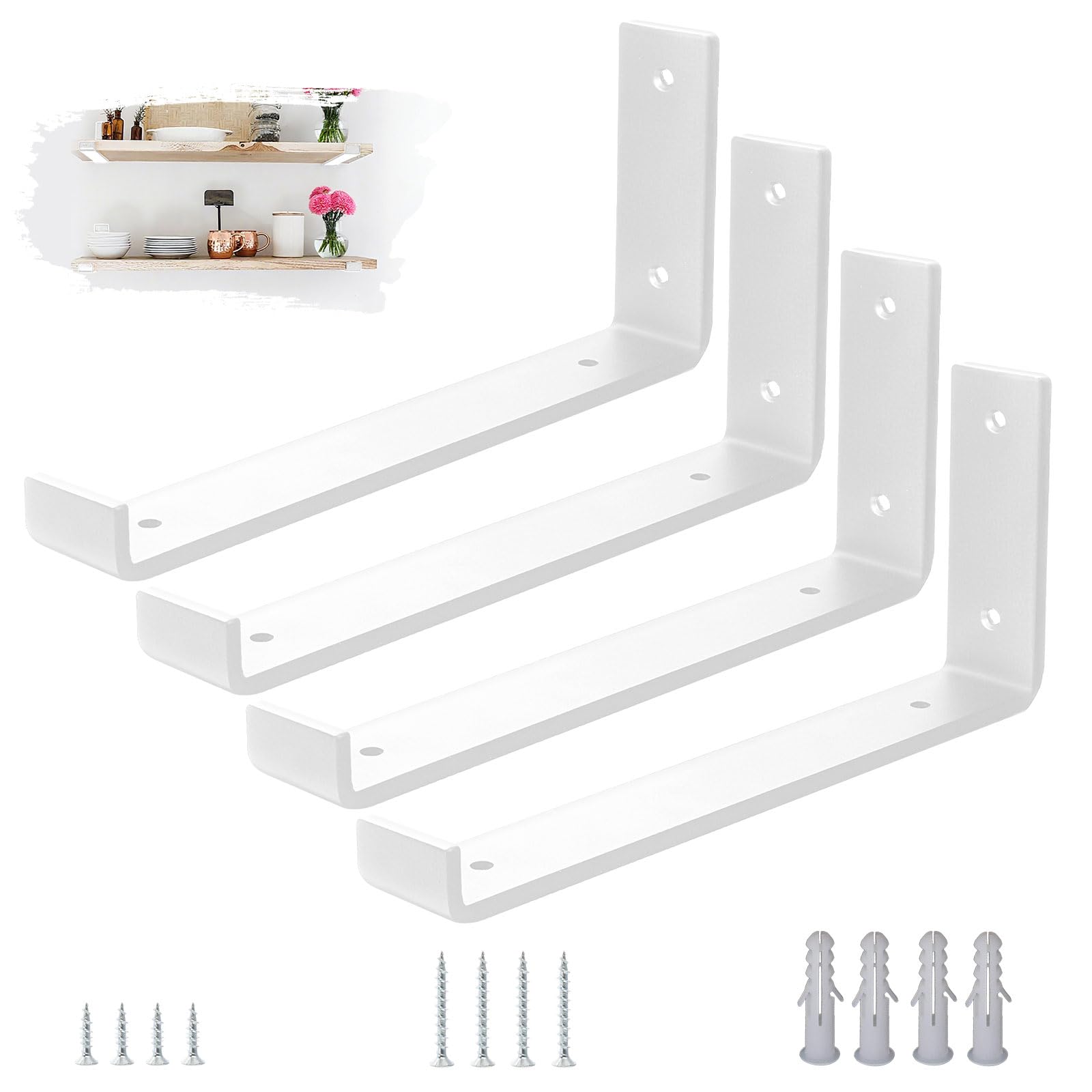 VTOPVMAX 4 Pack Heavy Duty Shelf Brackets with Lips for Scaffold Boards, 5mm Thick Steel L-Shaped Modern White Wall Supports, 12"x4" (30x10cm) Shelving Brackets Kit