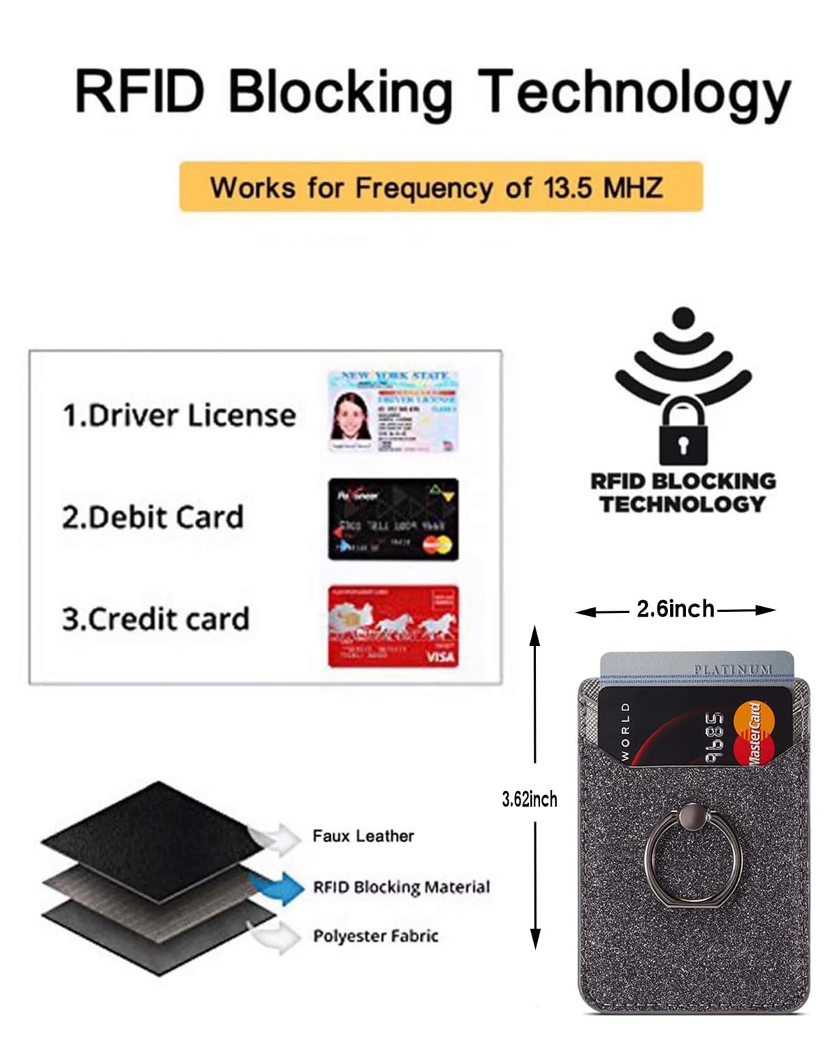 Etui na kartę z tyłu telefonu, pierścień blokujący RFID, portfel kieszonkowy, kij na telefon komórkowy, kredyt na iPhone'a/większość smartfonów (czarny)