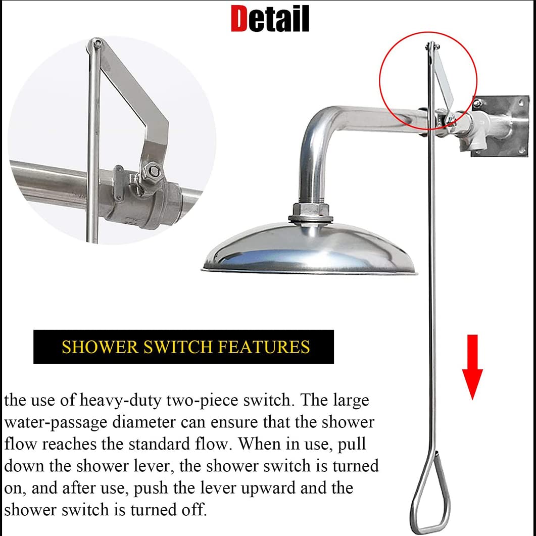 Ducha de Seguridad para estación lavaojos de Emergencia de Pared, Cabezal de Ducha Exterior, Acero Inoxidable con Revestimiento de ABS, instalación Horizontal para Mayor Seguridad,