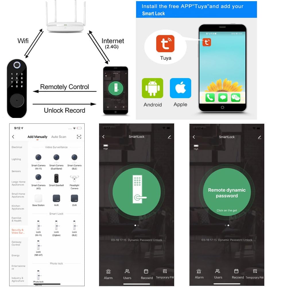 Tuya - Serratura elettronica intelligente digitale, sblocco tramite app, identificazione delle dita, codice anti-peep, telecomando, chiave RFID 5 in 1