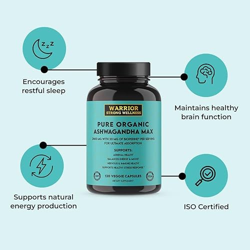 Miniatura 6 de Cápsulas orgánicas puras de Ashwagandha con bioperina - 2400 mg - 120 cápsulas - Respuesta saludable al estrés y aumento del estado de ánimo, salud