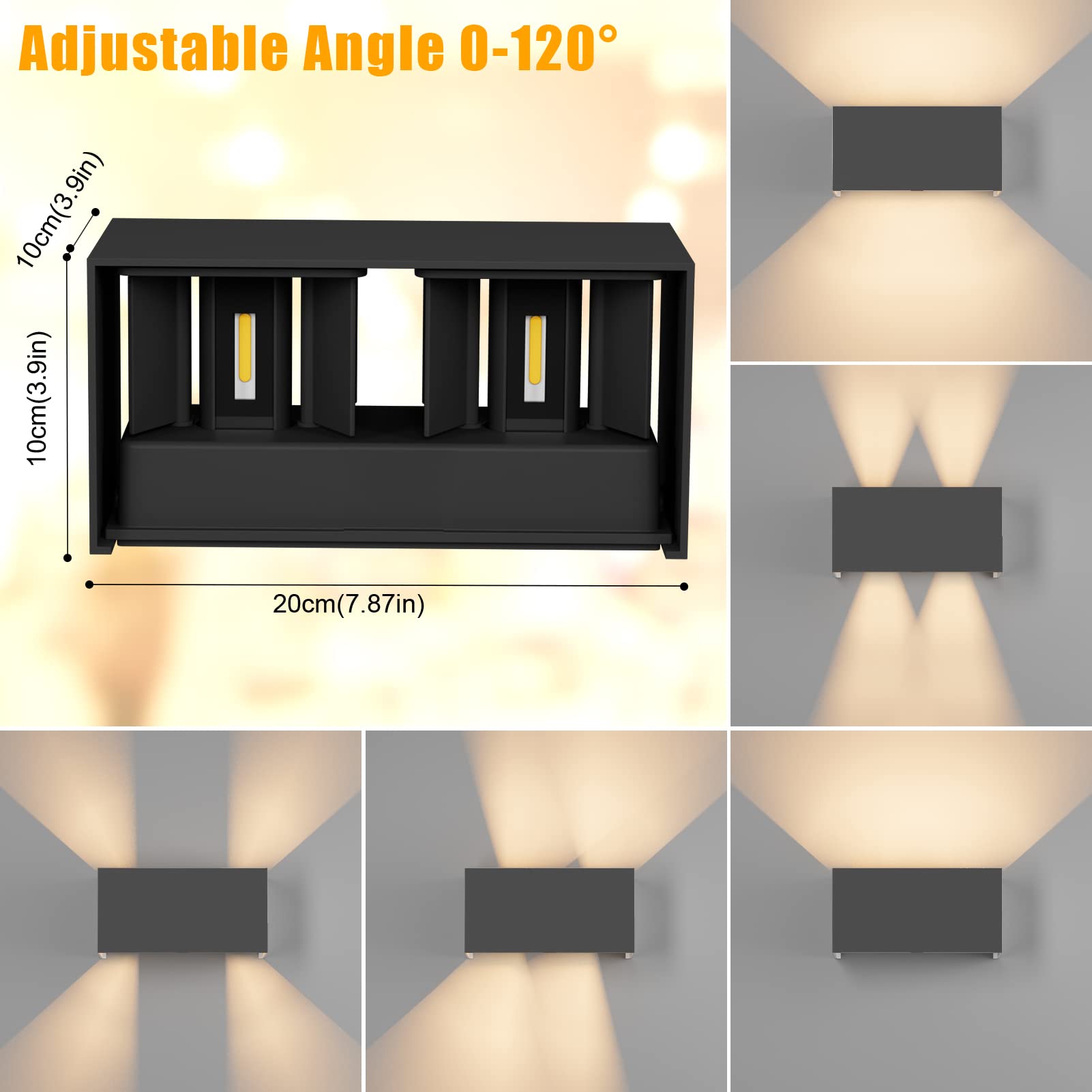 Klighten Lampa ścienna LED do użytku wewnątrz i na zewnątrz, 24 W, z regulowaną wiązką, wodoszczelność IP65, 2700-3000 K, ciepła biel, lampa ścienna czarna