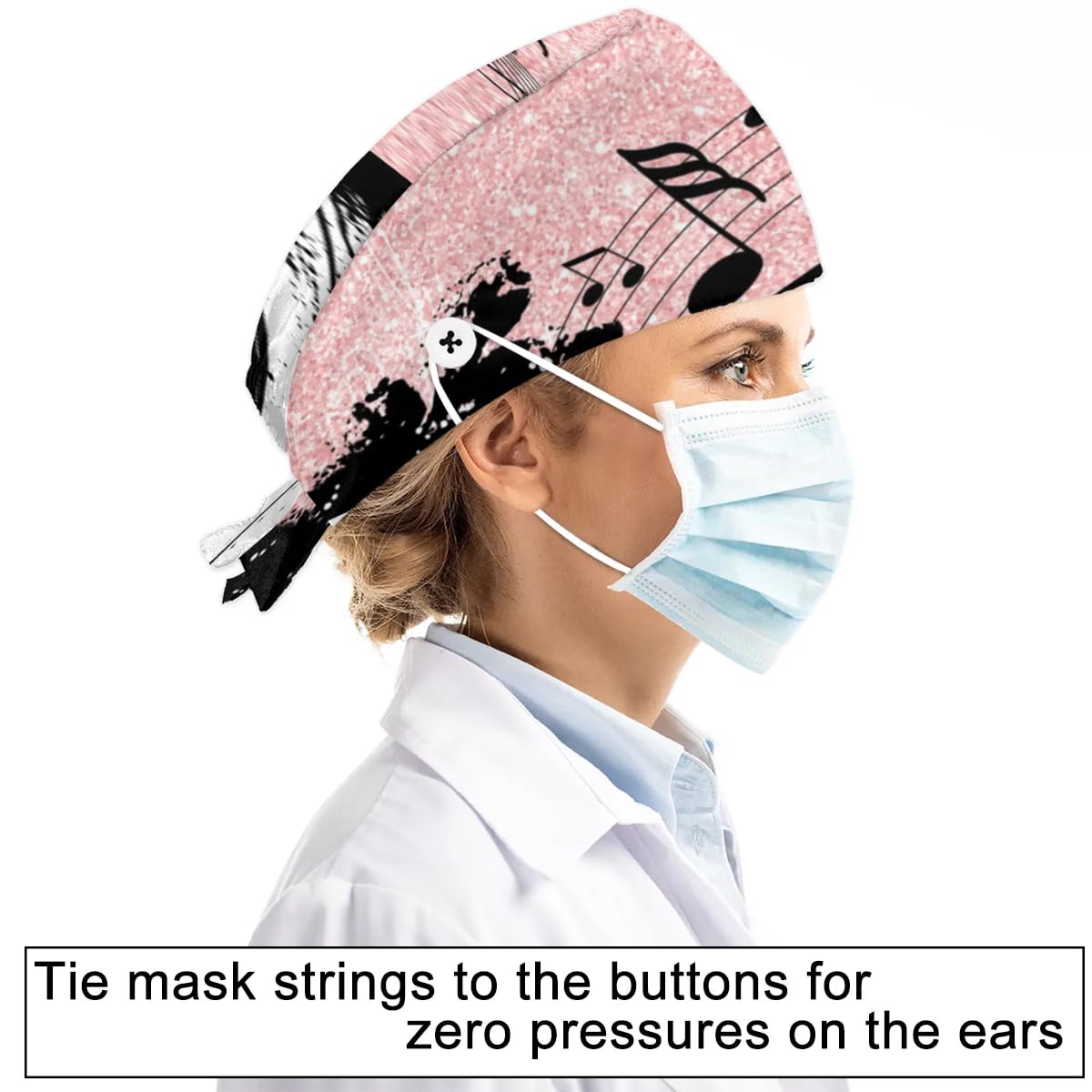 Mularoka Watercolor Piano Notes Working Caps with Button Sweatband Comfortable Adjustable Bouffant Hats Work Hat for Women Men