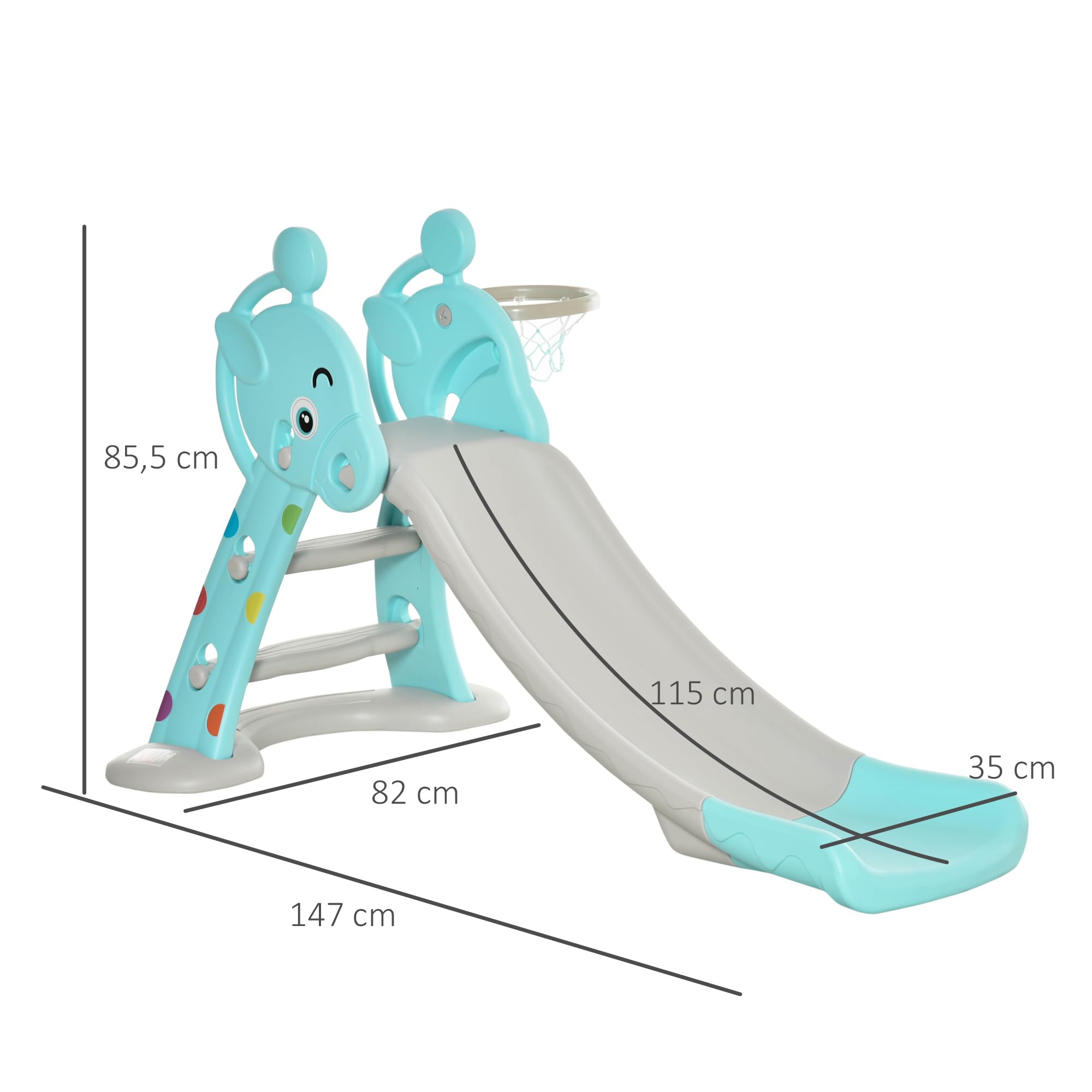 HOMCOM Tobogán para Niños +18 Meses Plegable 2 en 1 con Canasta de Baloncesto Modelo Jirafa Juguete Infantil para Interiores y Exteriores 147x82x85,5 cm Azul y Gris