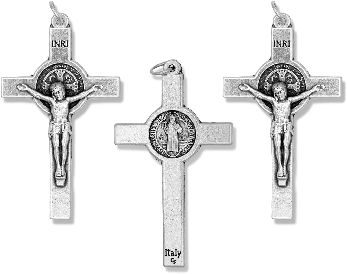 Bulk Pack of 3 - St Benedict Crucifix Extra Large Cross for Rosary Making - 2 1/8 Inch Silver Oxidized Crucifix Rosary Part for Saint Benedict Rosary or Rosary Making Supplies, Made in Italy