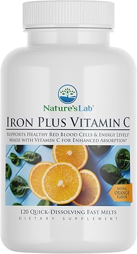 Nature's Lab Hierro Plus Vitamina C Fast Melt Tabletas - Suave con el estómago Carbonil Hierro, Alta Absorción para Glóbulos Rojos Saludables* - 120