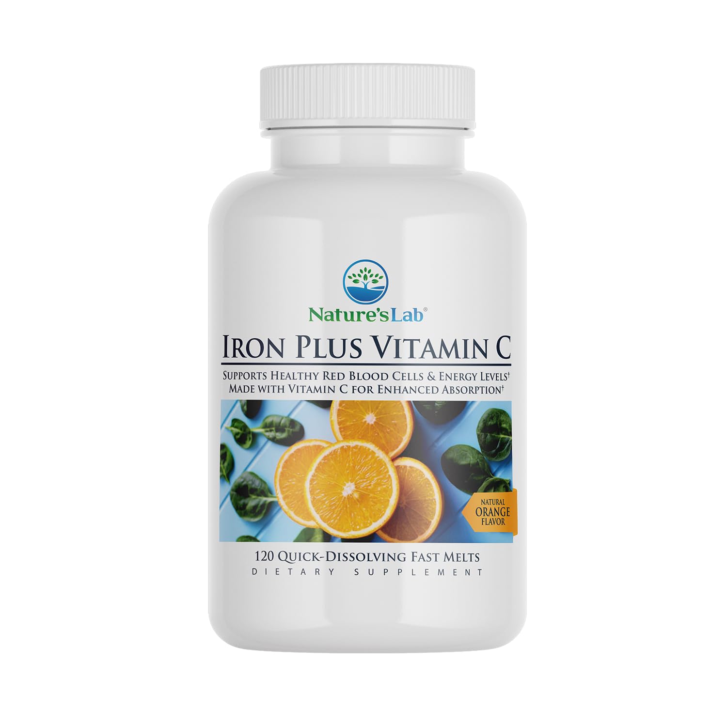 Iron Plus Vitamin C Fast Melt Tablets - Gentle on The Stomach Carbonyl Iron, High Absorption for Healthy Red Blood Cells* - 120 Tablets
