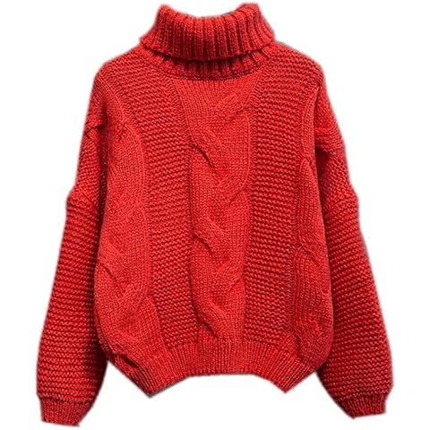 ZiopGTob Autumn and Winter Loose Casual Turtleneck Twist Pullover Sweater Female Short Bat Sleeve Thick Wool Red Cover