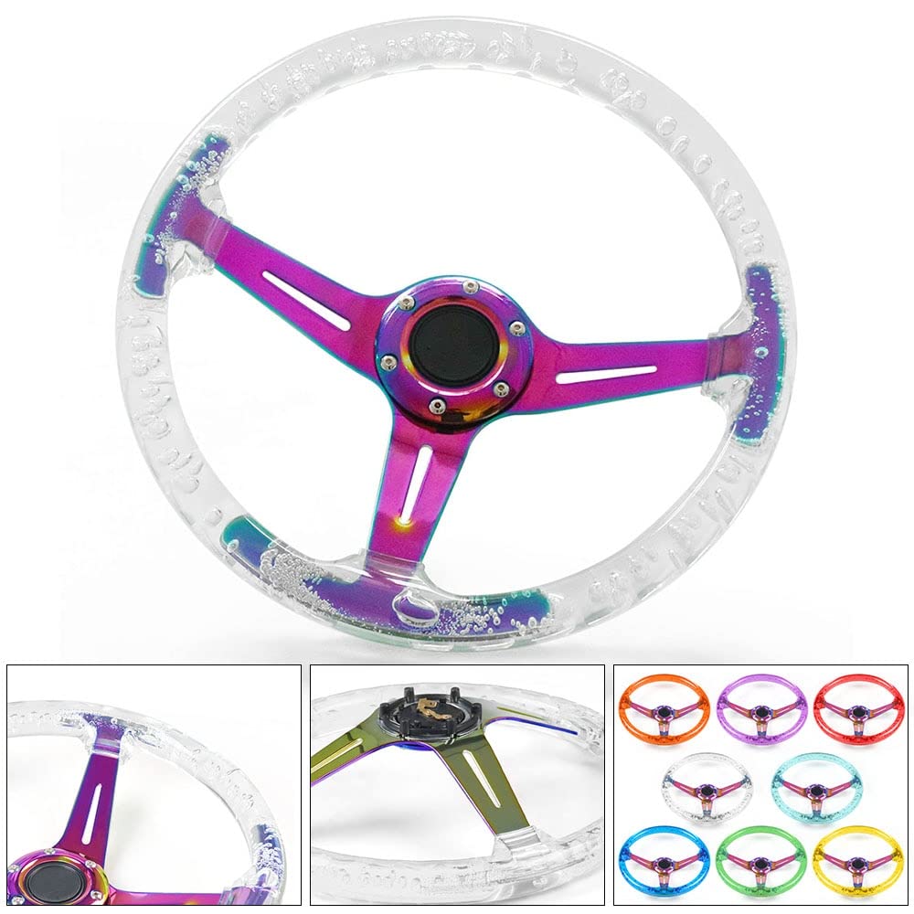 Sportlenkrad 350mm 14inch Acryl Lenkrad & Hornknopf Neo Chrom 6 Löcher Lenkradtiefe 71mm SportlenkräDer (Color : Blue)