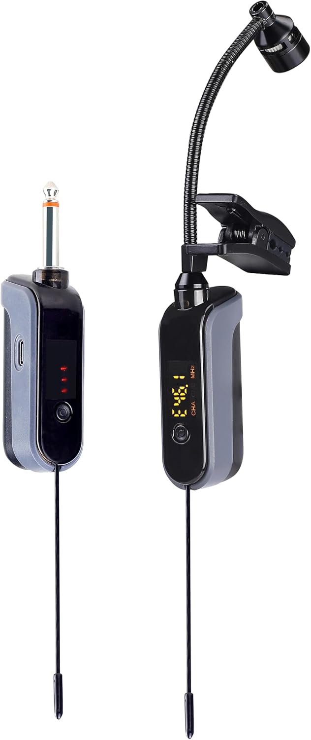 BOMGE UHF Wireless Instruments Microphone,Saxophone Microphone,Wireless Receiver and Transmitter,160ft Range,Plug and Play,Great for Trumpets, Clarinet, Cello, Active PA Systems (WTU-08A)