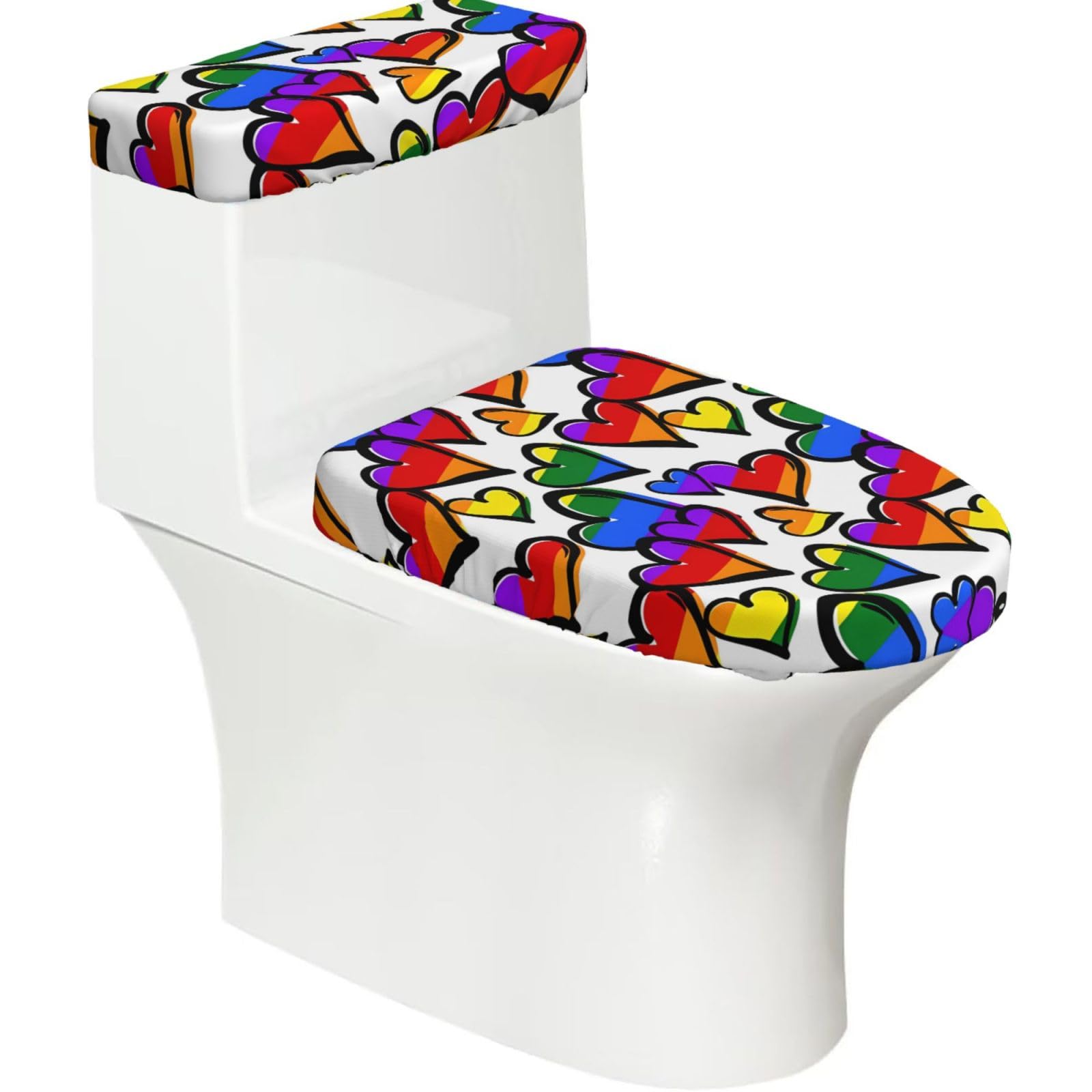 Rainbow Colored Gay Pride Hearts 2-Piece Toilet Seat Cover Set with Tank Lid - Elastic for U-Shape & Elongated - Bathroom Decor